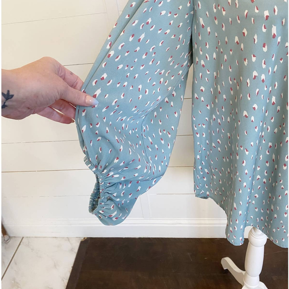 Mint Green Printed V-Neck Bubble long sleeve blouse - Picture 7 of 16